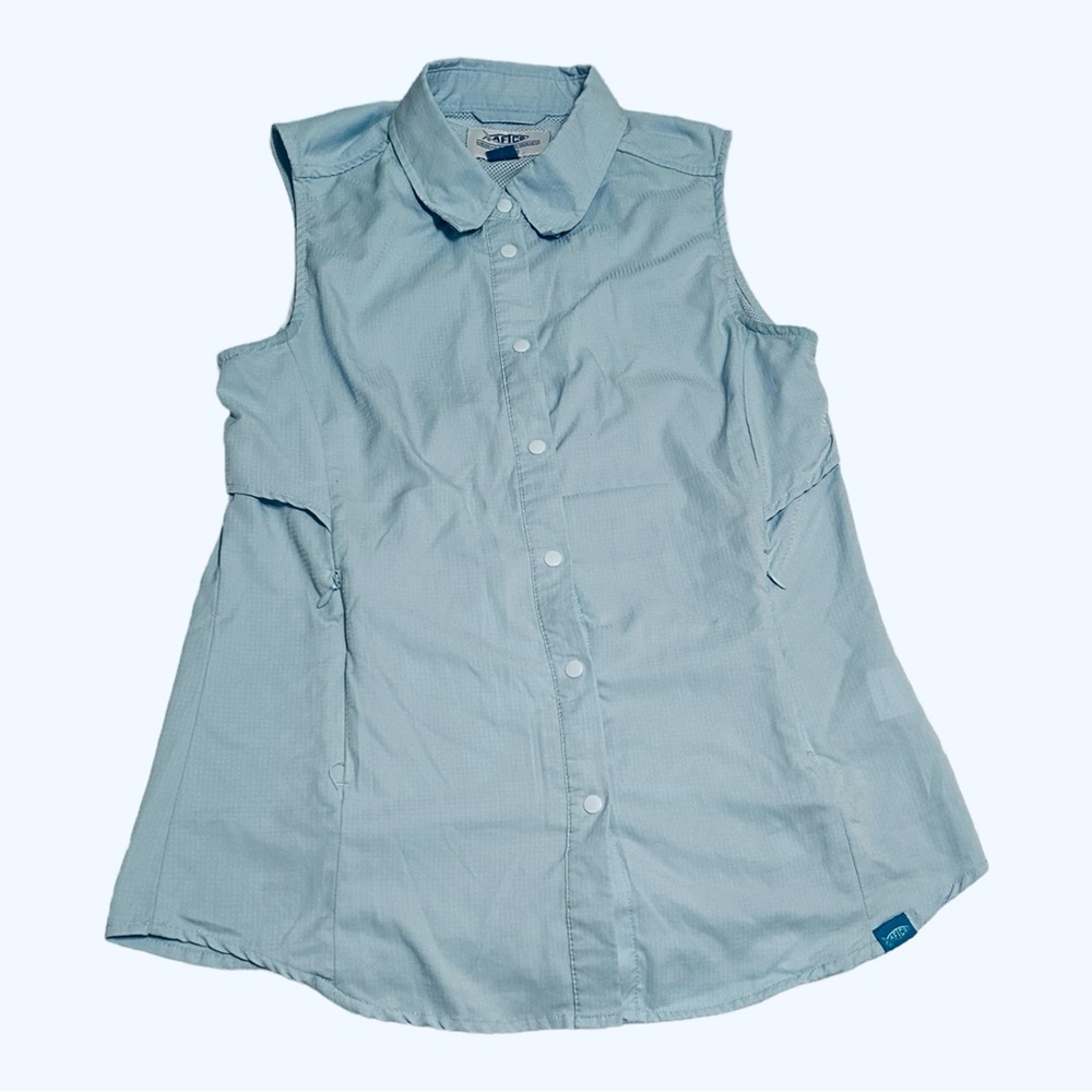 Aftco Bassmasters Shirt S Women’s Light Blue Sleeveless Snap Vented AFTECH Excd
